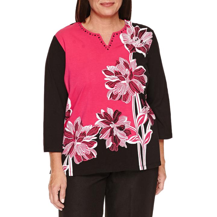 Alfred Dunner Theater District 3/4 Sleeve Asymmetric Floral Tee