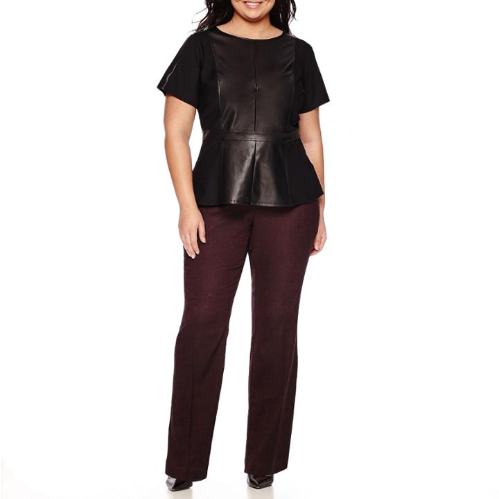 Worthington Short Sleeve Ribbed Pleather Peplum - Plus