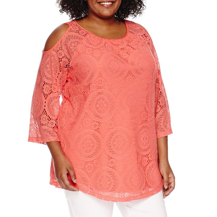 Worthingto 3/4 Sleeve Cold Shoulder Lace Blouse - Plus