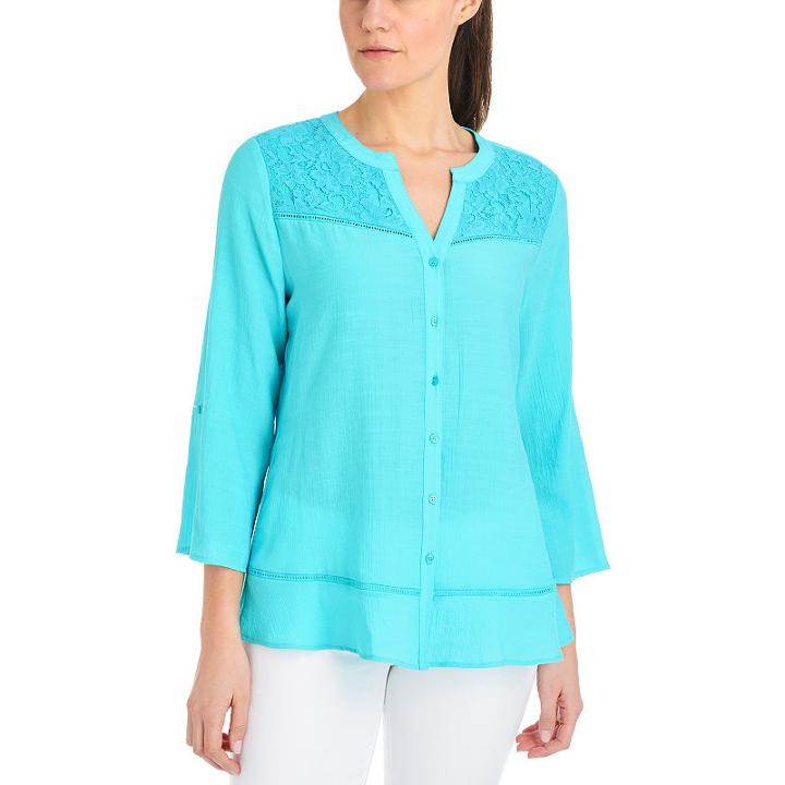Ny Collection Lace Yoke Button Front Blouse