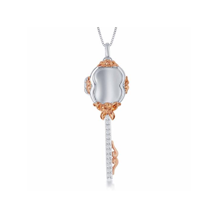 Enchanted By Disney 1/10 C.t.t.w. Diamond Sterling Silver And 14k Rose Gold Accent Belle Key Locket Pendant Necklace
