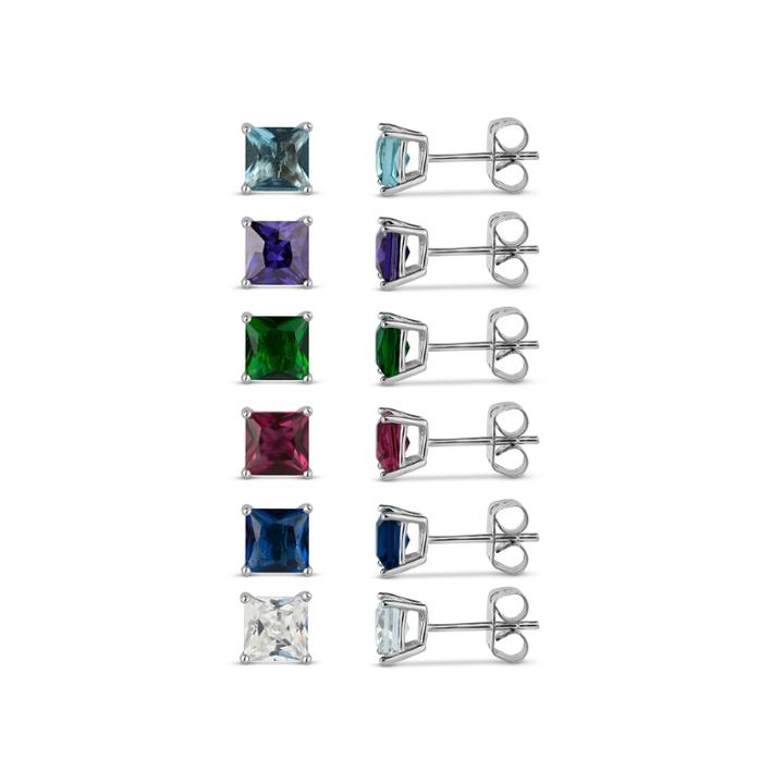 Sterling Silver 5mm Square Simulated Gemstone 6 Earring Pair Set