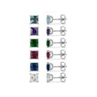 Sterling Silver 5mm Square Simulated Gemstone 6 Earring Pair Set
