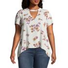 Wallflower Short Sleeve Keyhole Neck Floral T-shirt-womens Juniors Plus