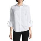 Worthington 3/4 Bell Tie Sleeve Button-front Shirt-petites