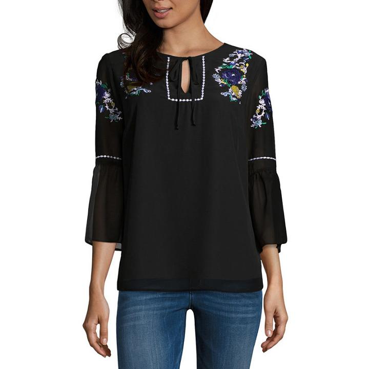 Alyx 3/4 Sleeve Round Neck Woven Embroidered Floral Blouse