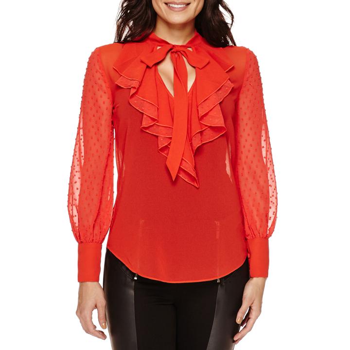 Bisou Bisou Long-sleeve Ruffled Tie-neck Top