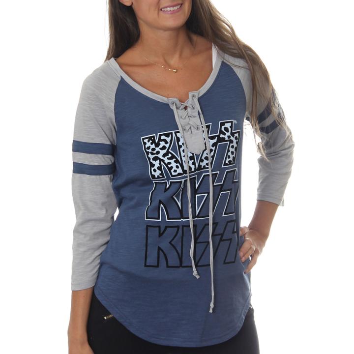 Kiss Juniors' Animal Print Logo Lace-up Graphic Raglan T-shirt With Flocking