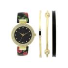 Womens Crystal-accent Black Floral Bangle Watch And Bracelet Set
