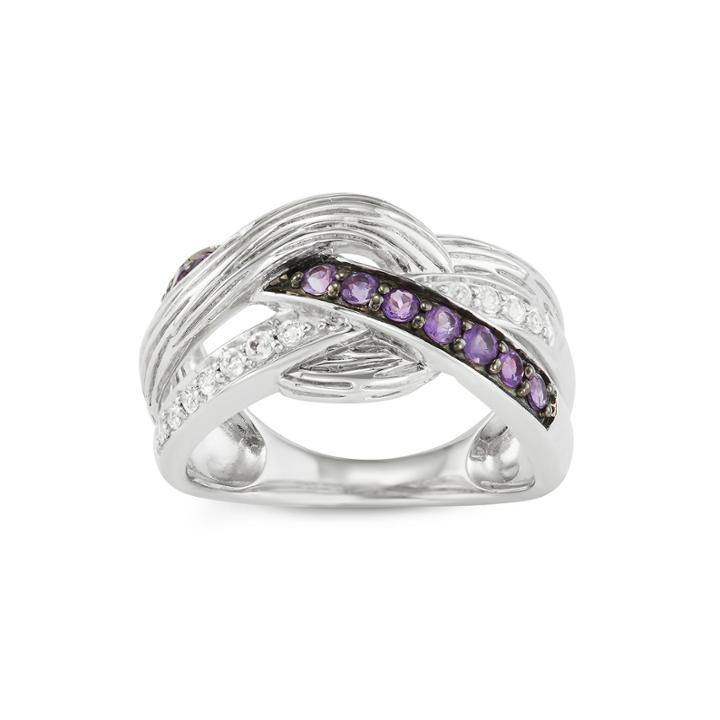 Genuine Amethyst And White Topaz Weaved Ring