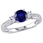 Womens Diamond Accent Lab Created Round Blue Sapphire 10k Gold 3-stone Ring