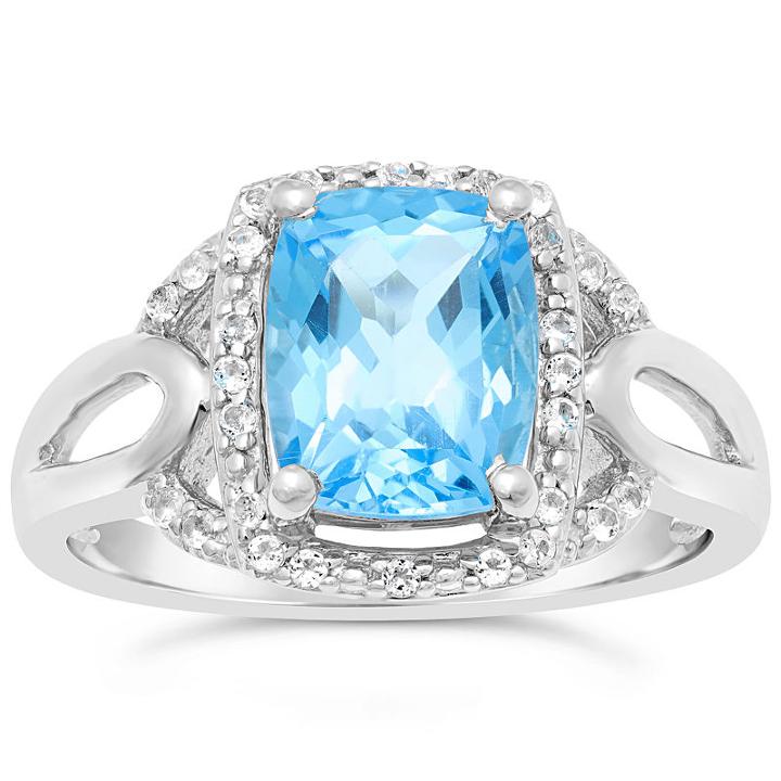 Womens Genuine Blue Topaz Blue Sterling Silver Rectangular Cocktail Ring