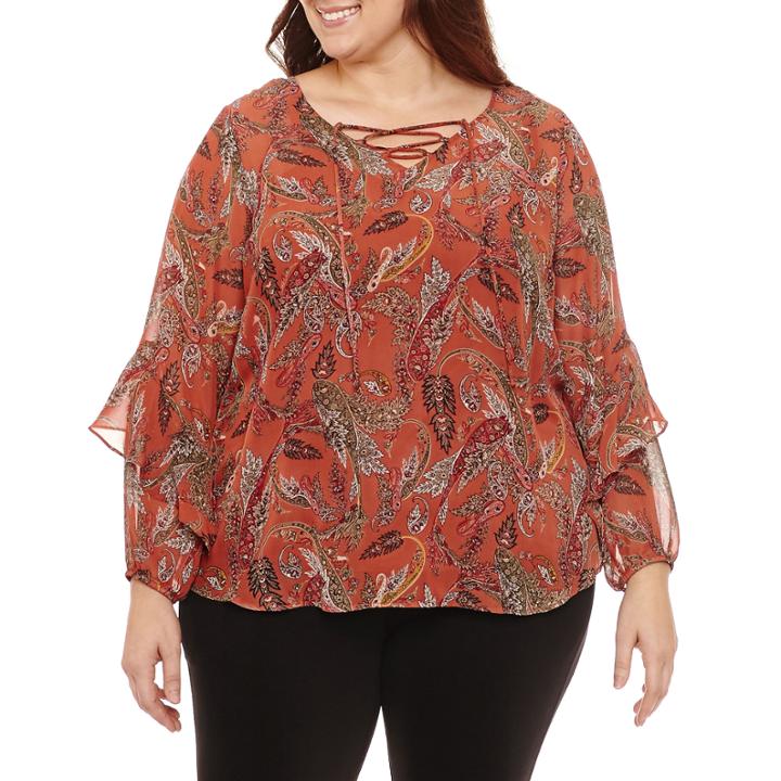 Alyx Long Sleeve V Neck Chiffon Paisley Blouse-plus