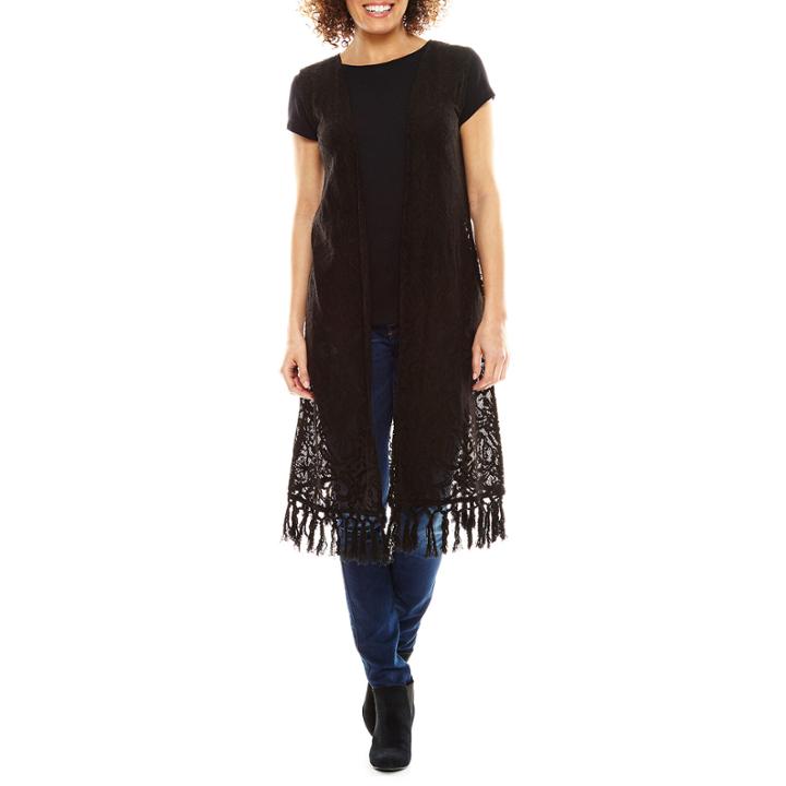 Studio 36 Long Crochet Fringe Vest Wrap