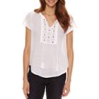Liz Claiborne Embellished Short Sleeve Flutter Sleeve Leaf Peasant Top Petites