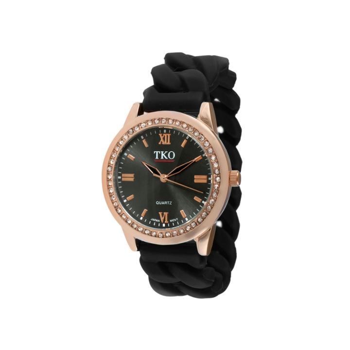 Tko Orlogi Womens Crystal-accent Chain-link Black Silicone Strap Stretch Watch