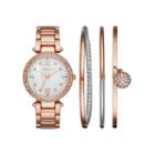 Liz Claiborne Womens Crystal Accent Mother-of-pearl Rose-tone Bracelet Watch & 3-pc. Bangle Bracelet Set