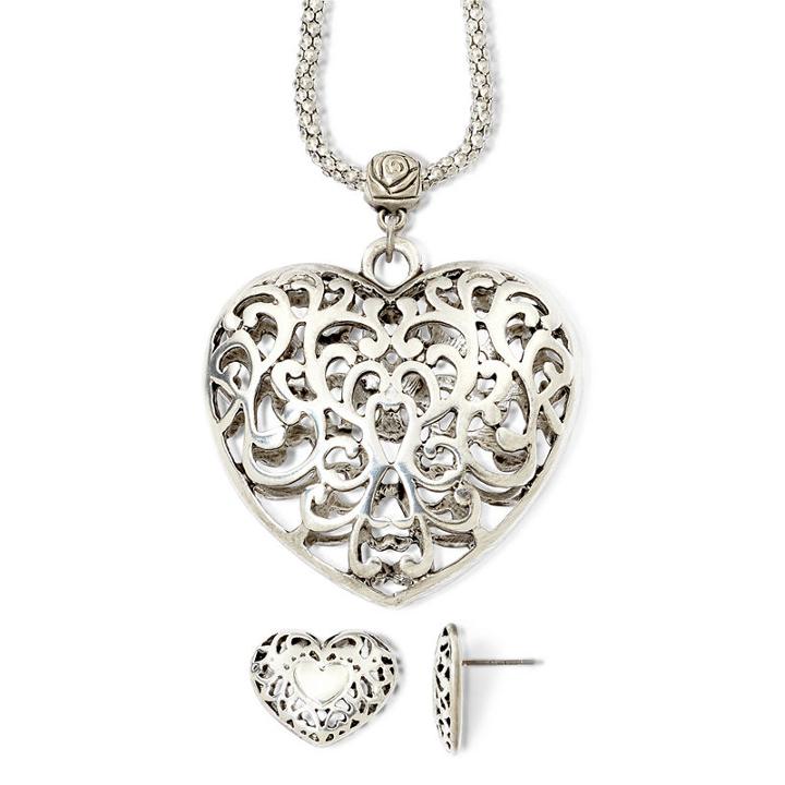 Scroll Heart Pendant Necklace & Drop Earrings Boxed Set