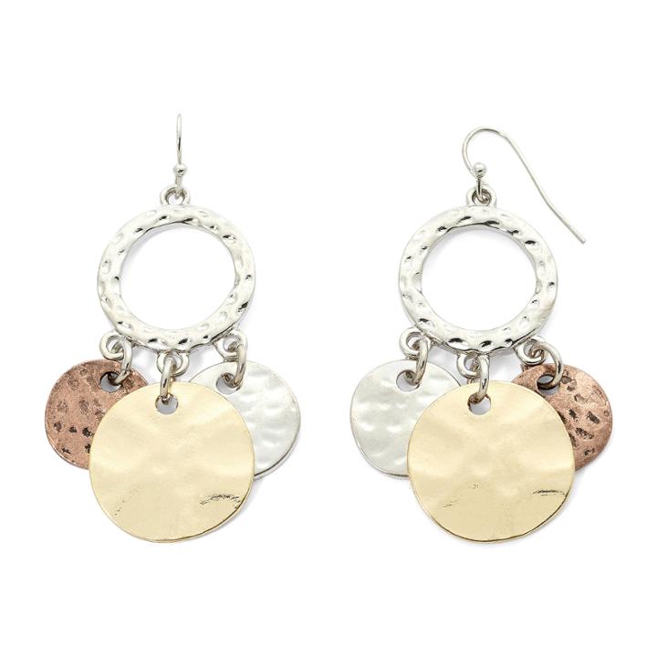 Bold Elements&trade; Tri-tone Hammered Disc Shaky Earrings