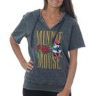 Minnie Mouse Juniors' Classic Cartoon Pose With Roses Burnout Wash Split Neck Short Sleeve Graphichoodie With Rose Embroidery