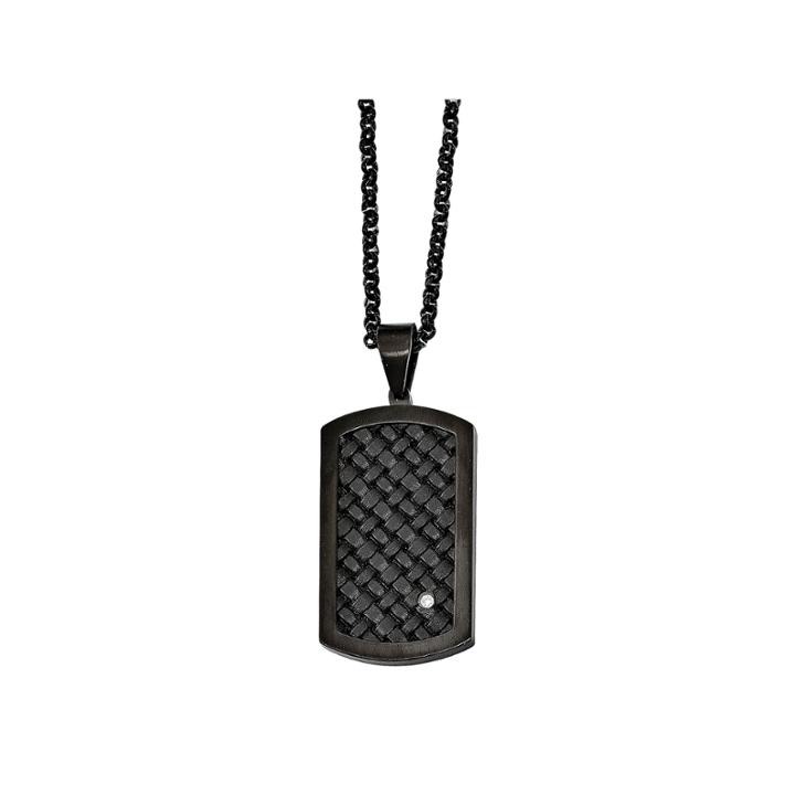 Mens Cubic Zirconia Stainless Steel & Black Leather Dog Tag Pendant