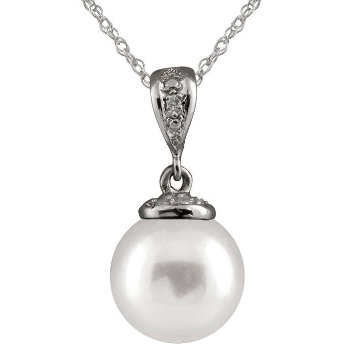 Splendid Pearls Womens Diamond Accent White Pearl Sterling Silver Pendant Necklace