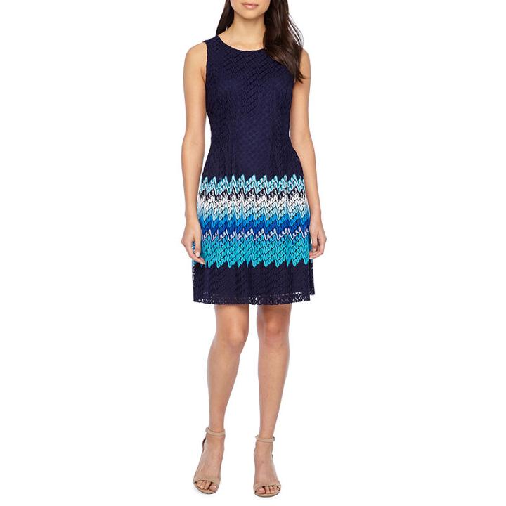 R & K Originals Sleeveless Lace Chevron Fit & Flare Dress