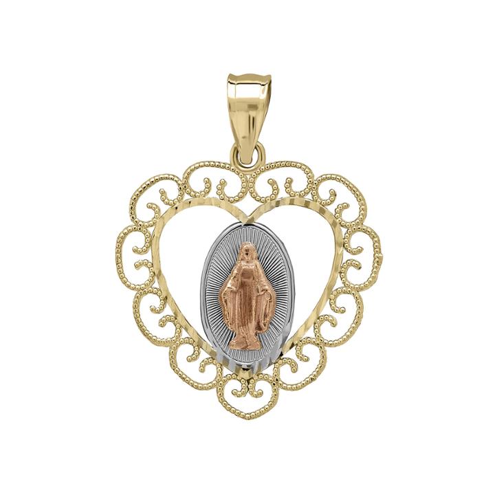 Tesoro&trade; 14k Tri-color Gold Virgin Mary Filigree Heart Pendant