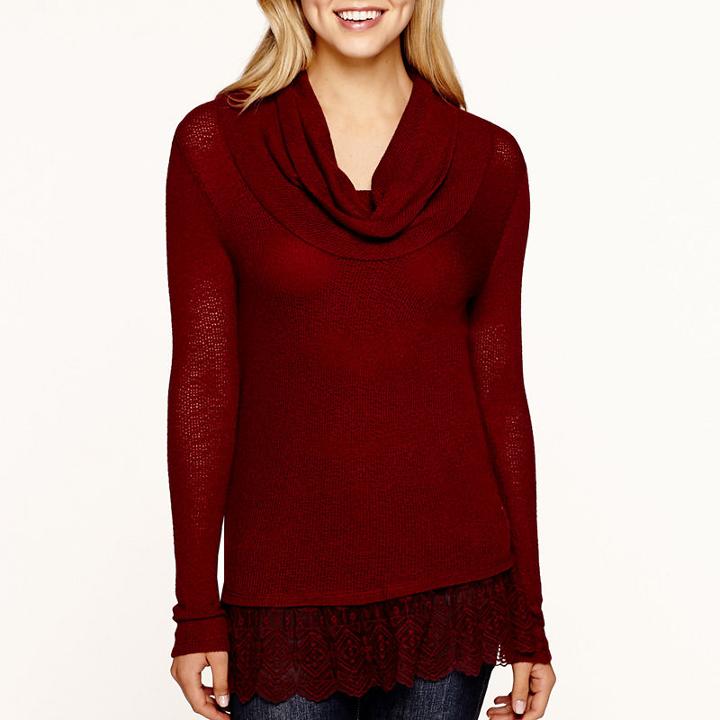 Long-sleeve Cowlneck Lace-trim Top