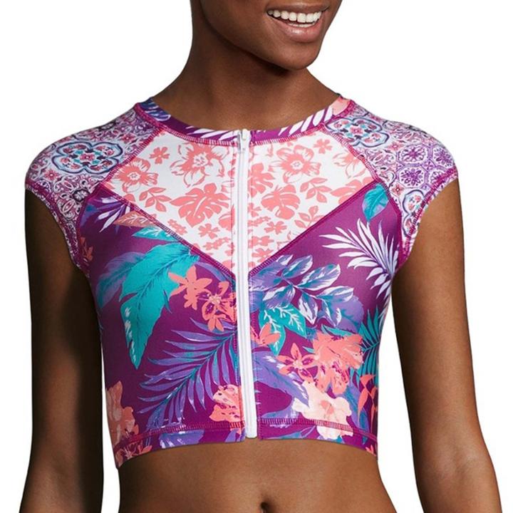 Social Angel Floral Rash Guard Swimsuit Top-juniors