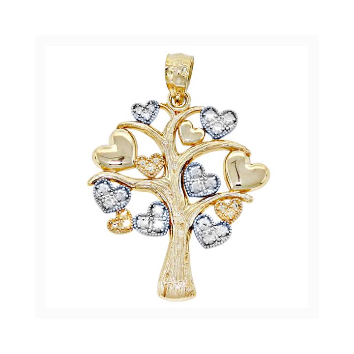 14k Two-tone Gold Family Heart Tree Charm Pendant