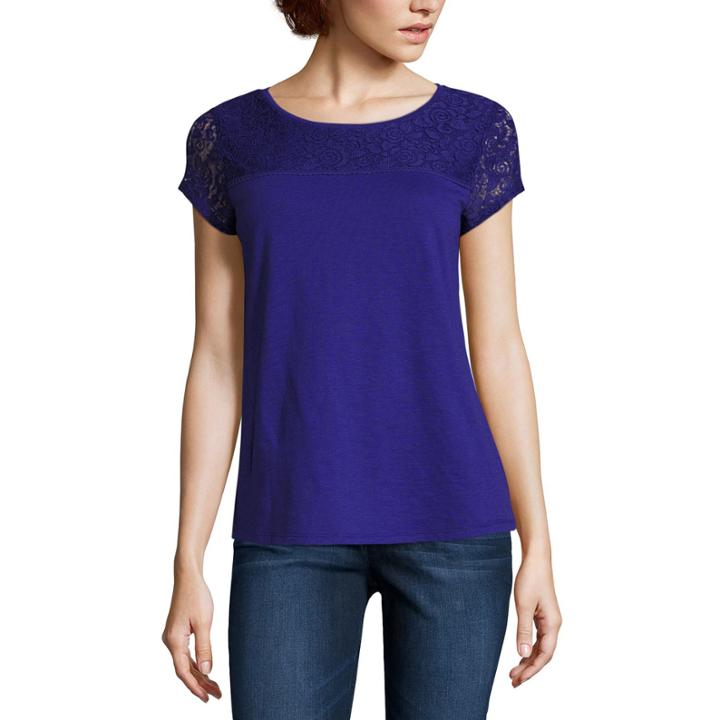 Liz Claiborne Short Sleeve Lace Crew Neck T-shirt-petites