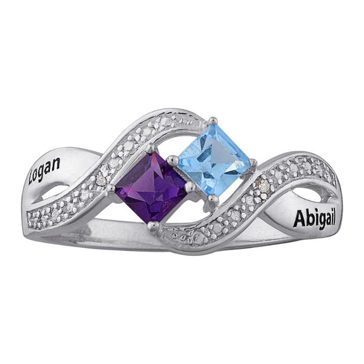 Personalized Diamond-accent Couple's Name Birthstone Crossover Ring