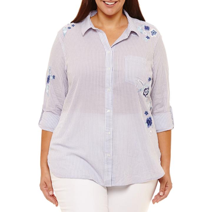 Liz Claiborne Embroidered Boyfriend Shirt- Plus