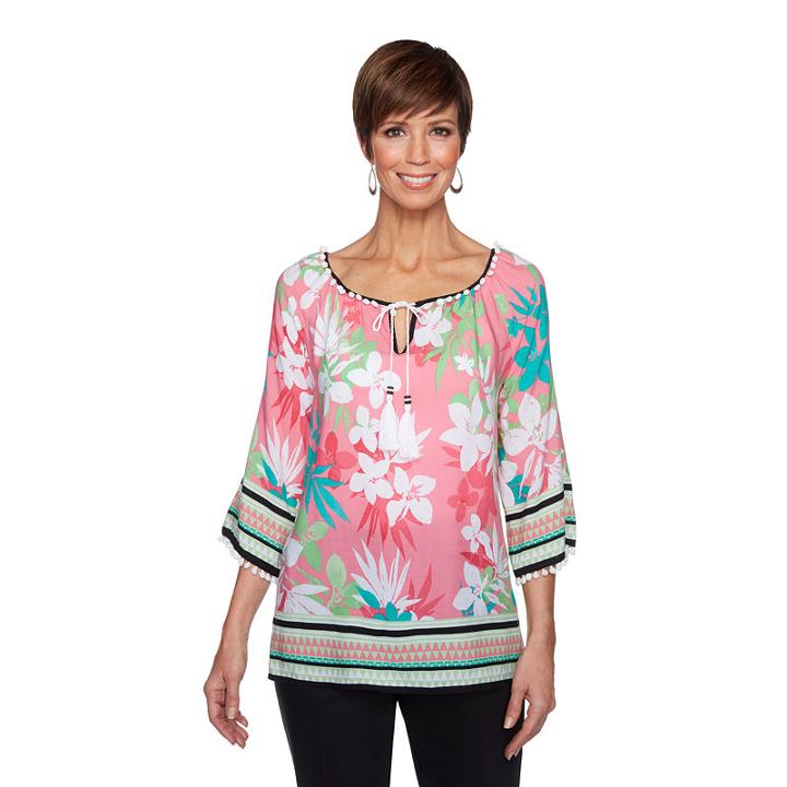 Lark Lane Island Hopping 3/4 Sleeve Split Crew Neck Woven Embellished Blouse