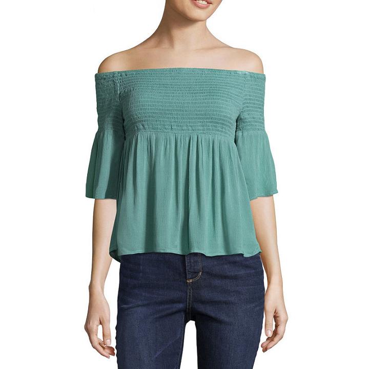 Arizona Long Sleeve Mock Neck Woven Blouse-juniors