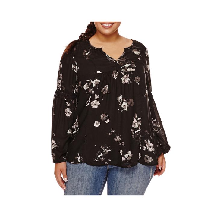 Arizona Long-sleeve Crochet Detail Print Tunic Blouse - Juniors Plus
