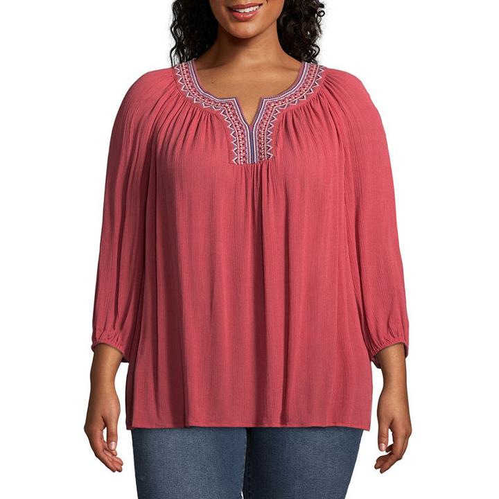 St. John's Bay 3/4 Sleeve Embroidered Notch Neck Blouse - Plus