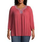 St. John's Bay 3/4 Sleeve Embroidered Notch Neck Blouse - Plus