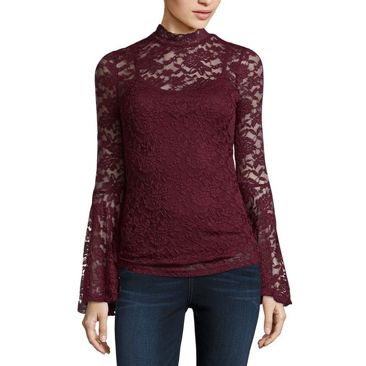 Almost Famous Long Sleeve Mock Neck Lace Lace Blouse-juniors