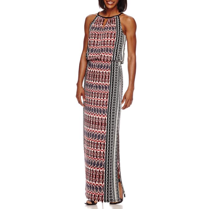 London Style Collection Sleeveless Keyhole Side-border Printed Maxi Dress