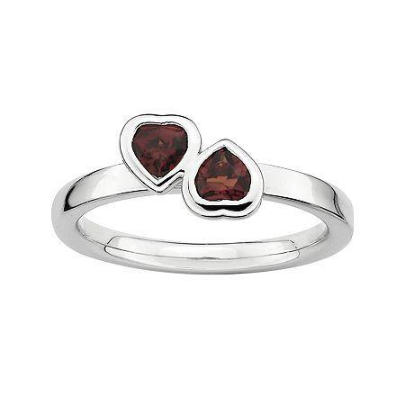 Personally Stackable Genuine Garnet Sterling Silver Double-heart Ring
