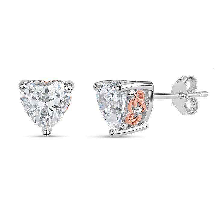 Sterling Silver Two-tone Heart Filigree Stud Earrings Featuring Swarovski Zirconia