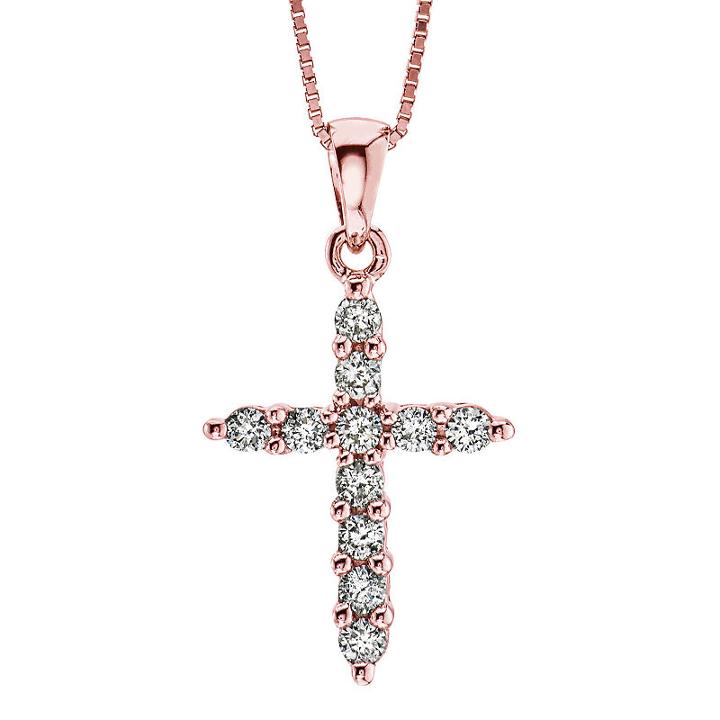Womens 1/4 Ct. T.w. Genuine White Diamond 14k Rose Gold Cross Pendant Necklace