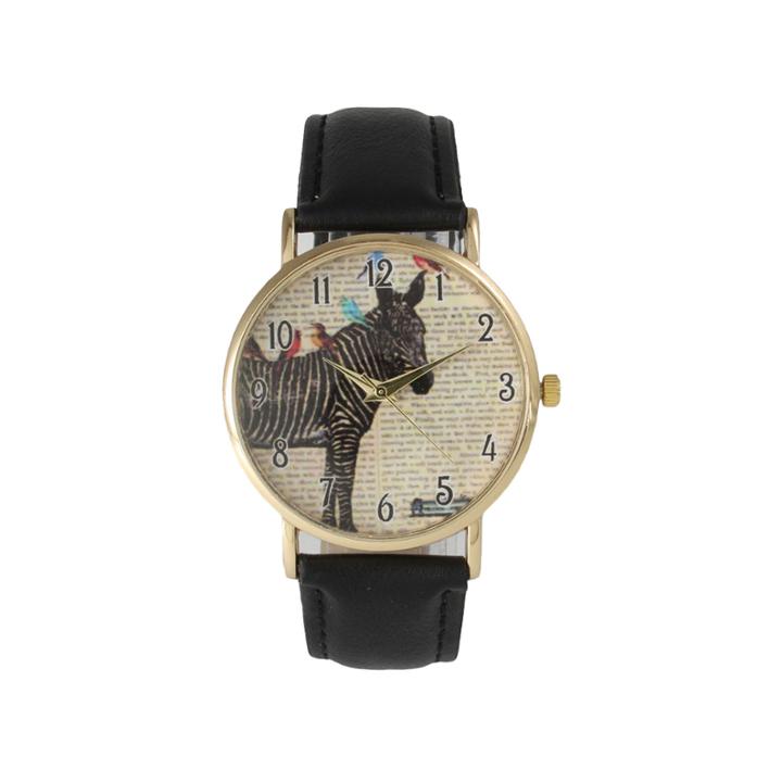 Olivia Pratt Womens Zebra And Birds Black Leather Watch 20399black