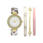 Womens Crystal-accent White Floral Bangle Watch And Bracelet Set