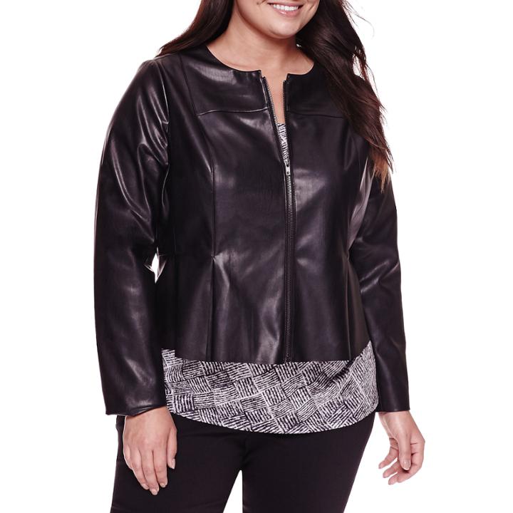 Worthington Long-sleeve Faux-leather Peplum Jacket - Plus