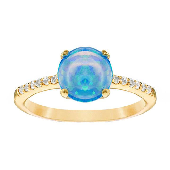 Womens Lab Created Blue Opal Gold Over Silver Cocktail Ring