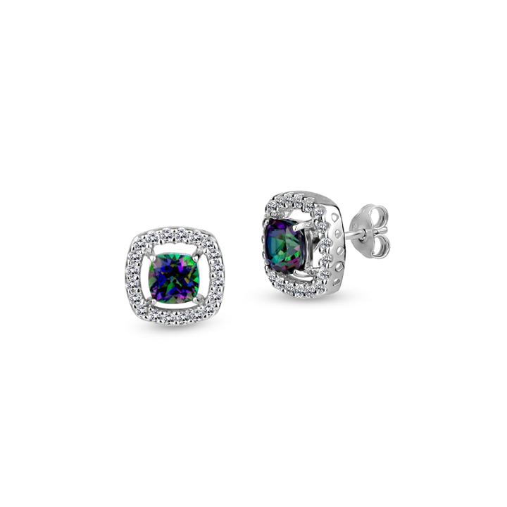 Cushion Simulated Green Mystic Fire Topaz Sterling Silver Stud Earrings