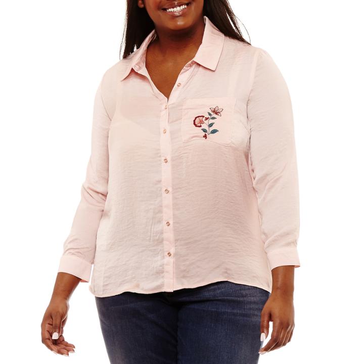 Self Esteem Long Sleeve Collar Neck Satin Blouse-juniors Plus